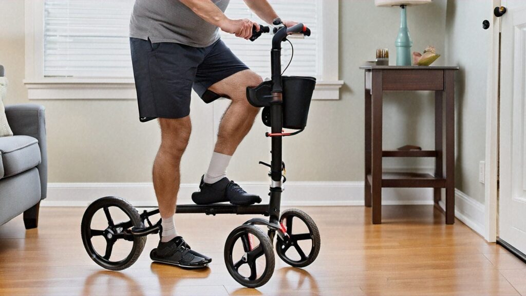 After a foot injury, a man on Medicare uses a knee scooter to get around the house.