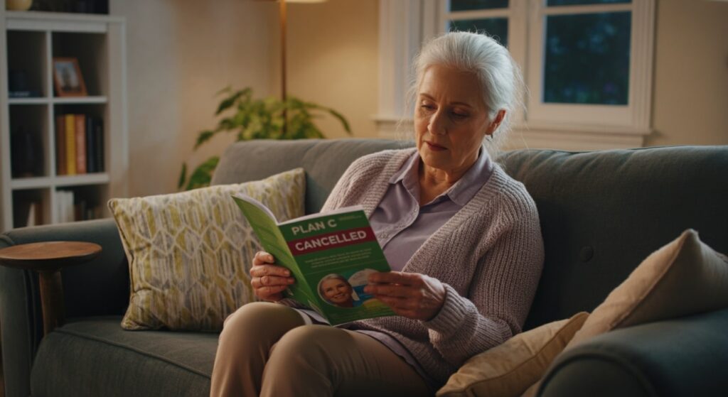 A woman is sitting on her couch reading about Medigap Plan C being cancelled and her best alternatives.