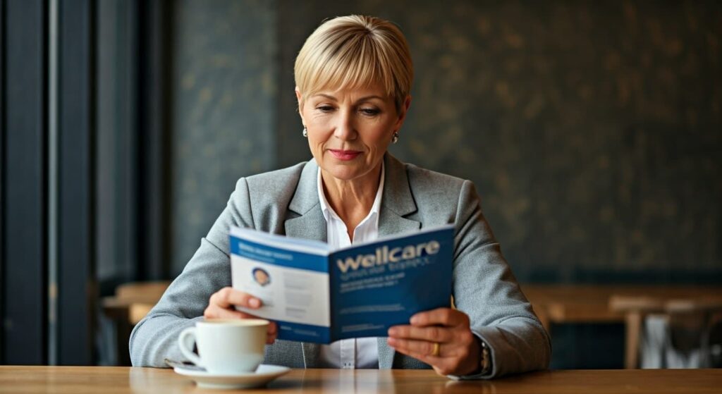 An image of a nicely dressed woman in a cafe, enjoying a coffee, while reading a Wellcare Value Script brochure, is trying to figure out, "why is WellCare Value Script so cheap?"